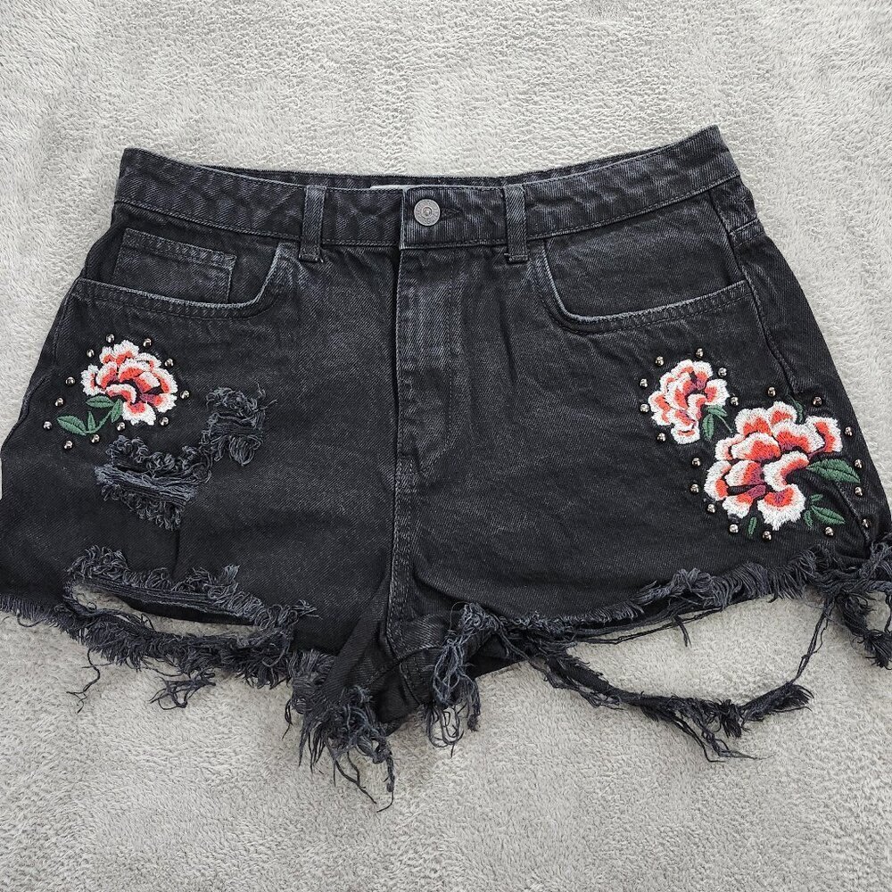 Denim Co Shorts Womens 10 Floral Embroidered Black Denim Hot Pants Distressed